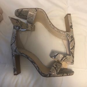 Vince Camuto Snakeskin Block Heel Sandals in Taupe